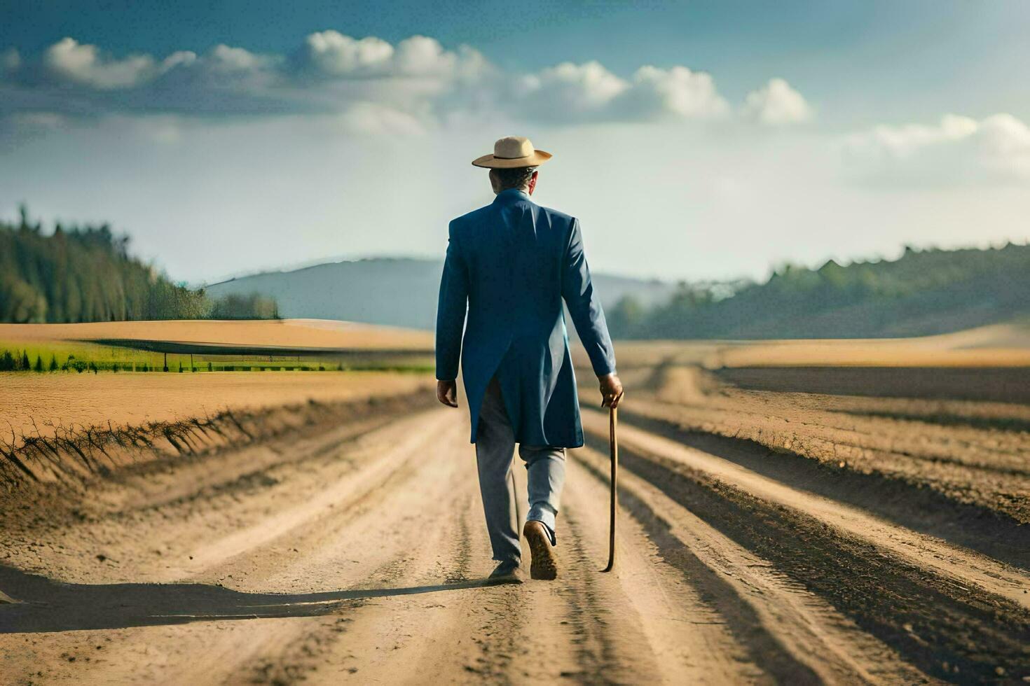 une homme dans une costume et chapeau en marchant vers le bas une saleté route. généré par ai photo