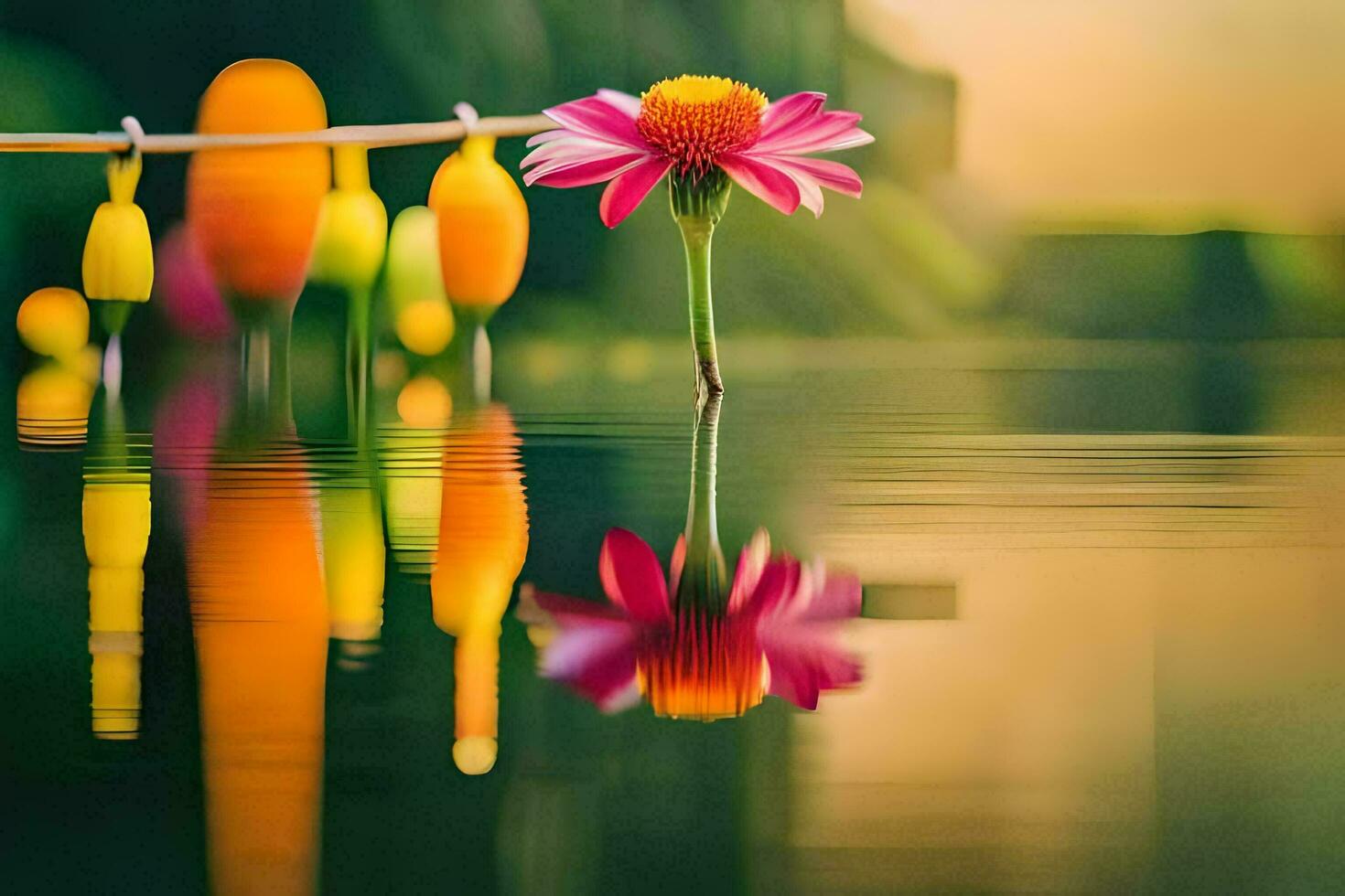 une fleur est réfléchi dans le l'eau. généré par ai photo
