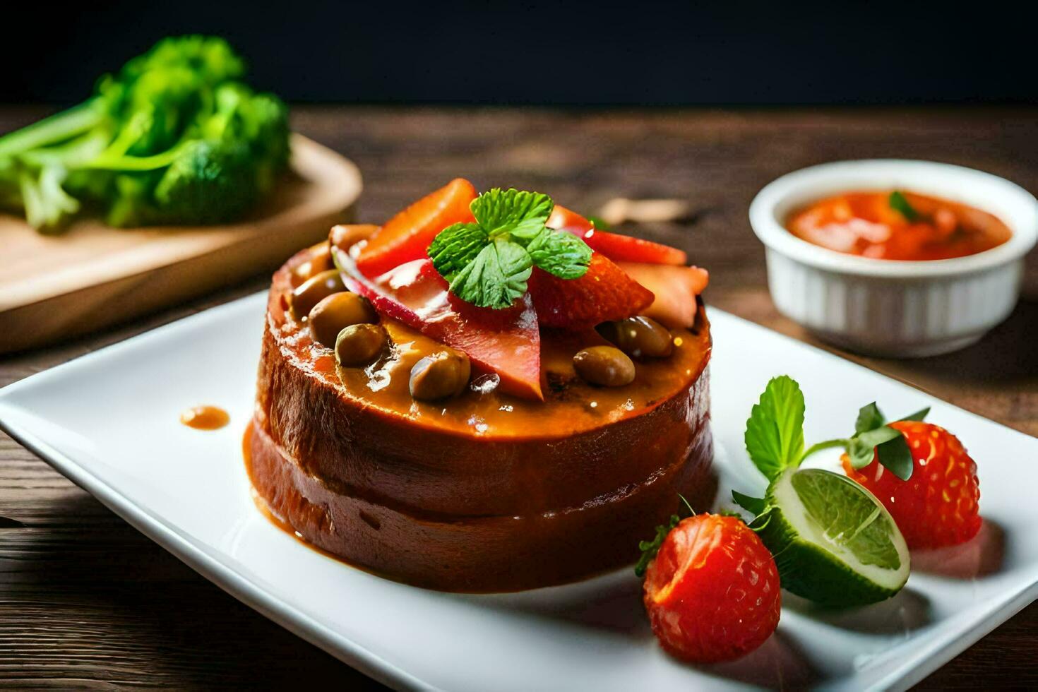 une assiette surmonté avec une gâteau et des fraises. généré par ai photo