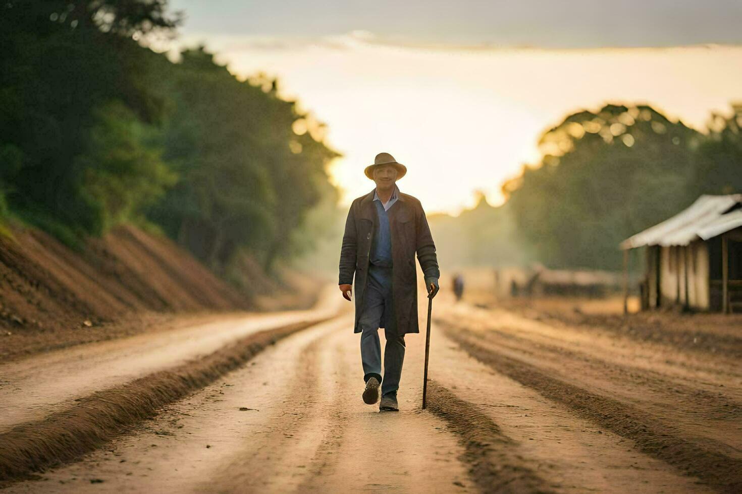 une homme en marchant vers le bas une saleté route avec une canne. généré par ai photo