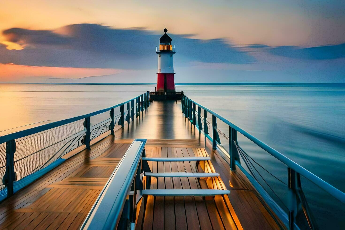 une phare des stands sur une jetée à le coucher du soleil. généré par ai photo