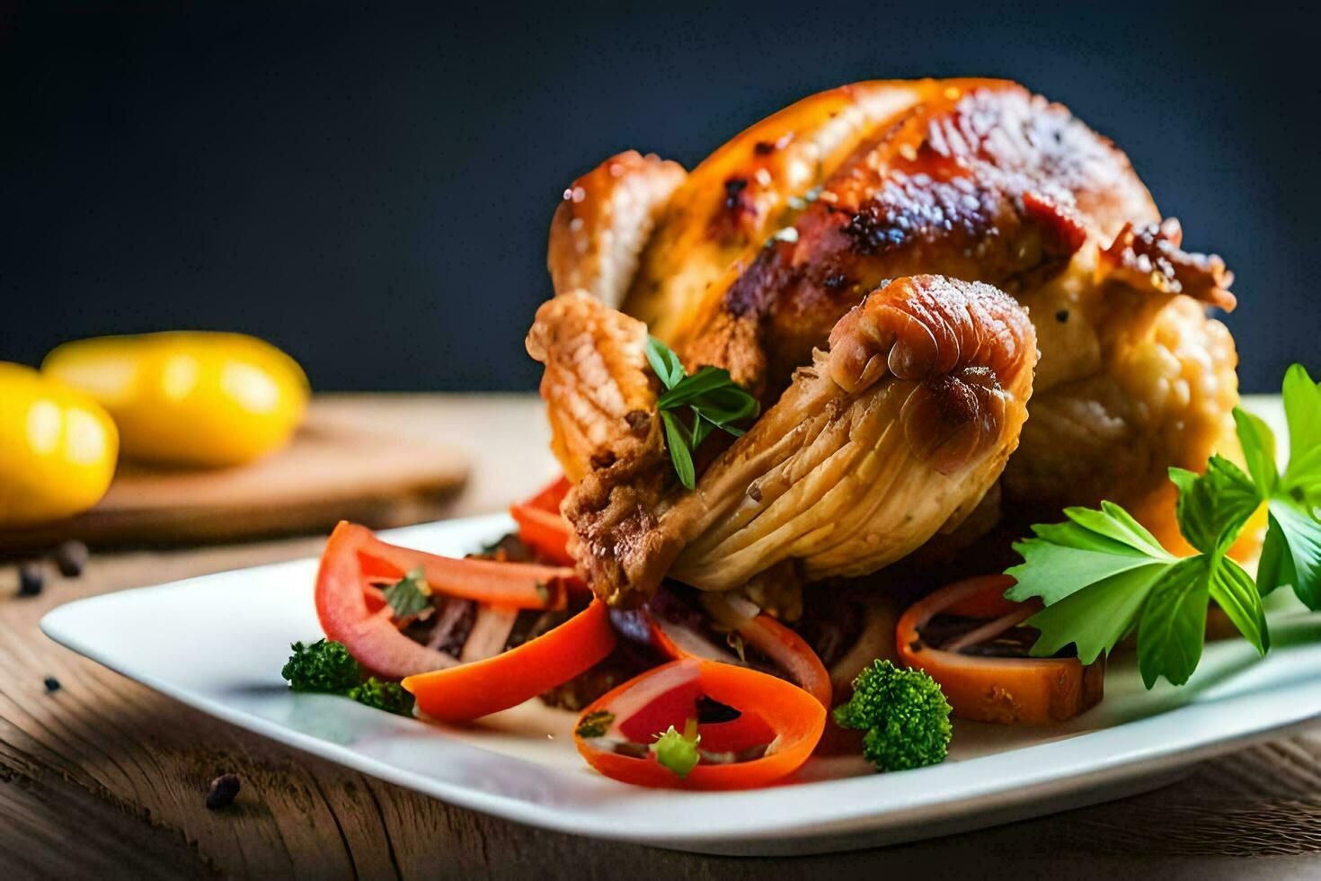 une rôti poulet sur une assiette avec des légumes. généré par ai photo