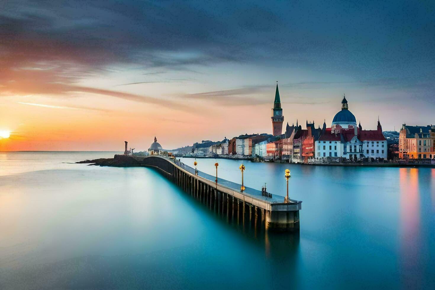 le Soleil ensembles plus de une ville et une jetée. généré par ai photo