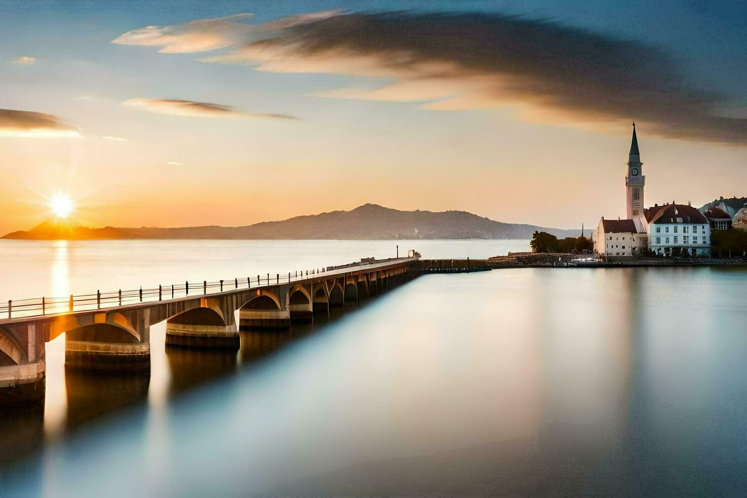 le Soleil ensembles plus de une pont et une église. généré par ai photo