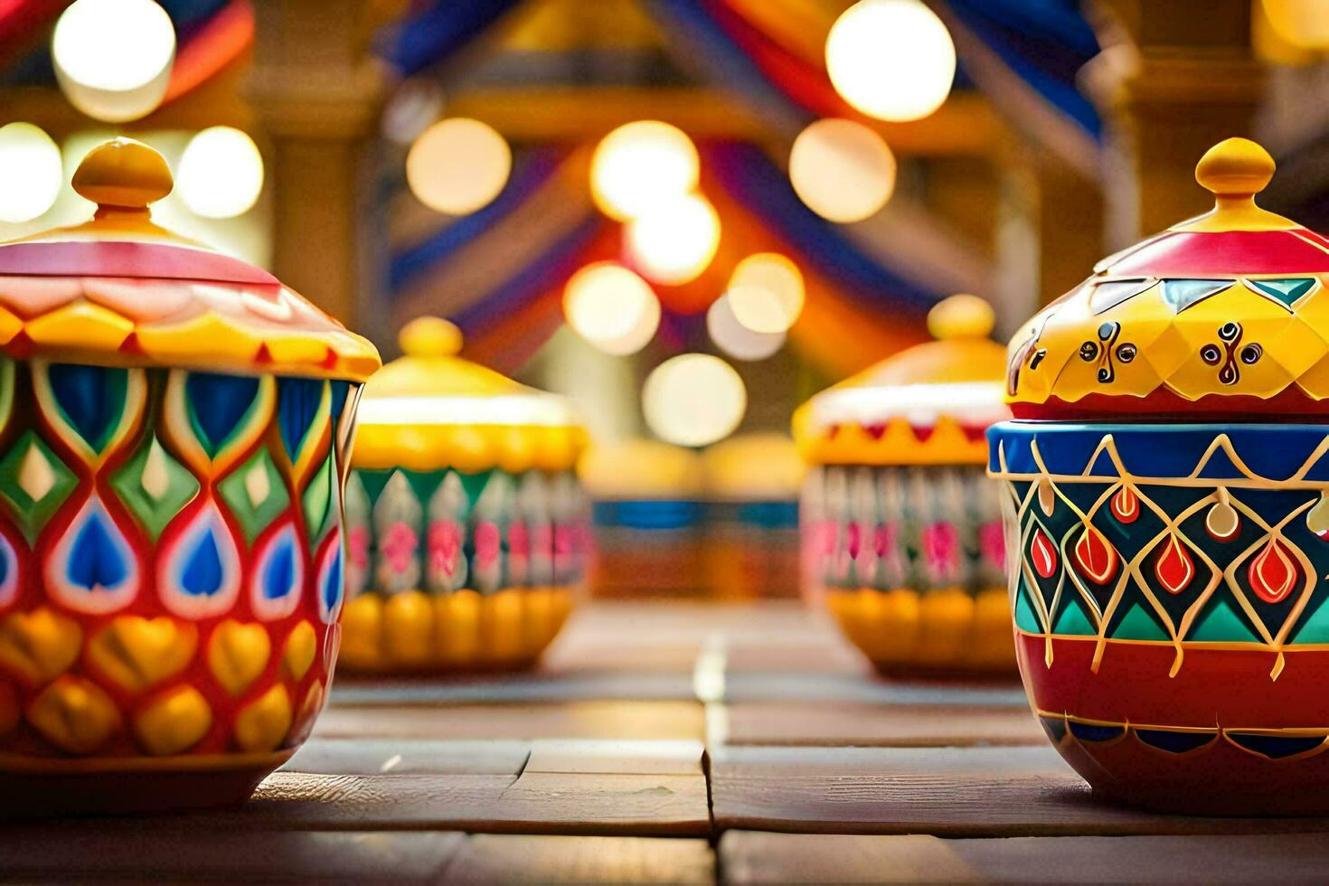 coloré des pots sur une en bois table avec lumières dans le Contexte. généré par ai photo