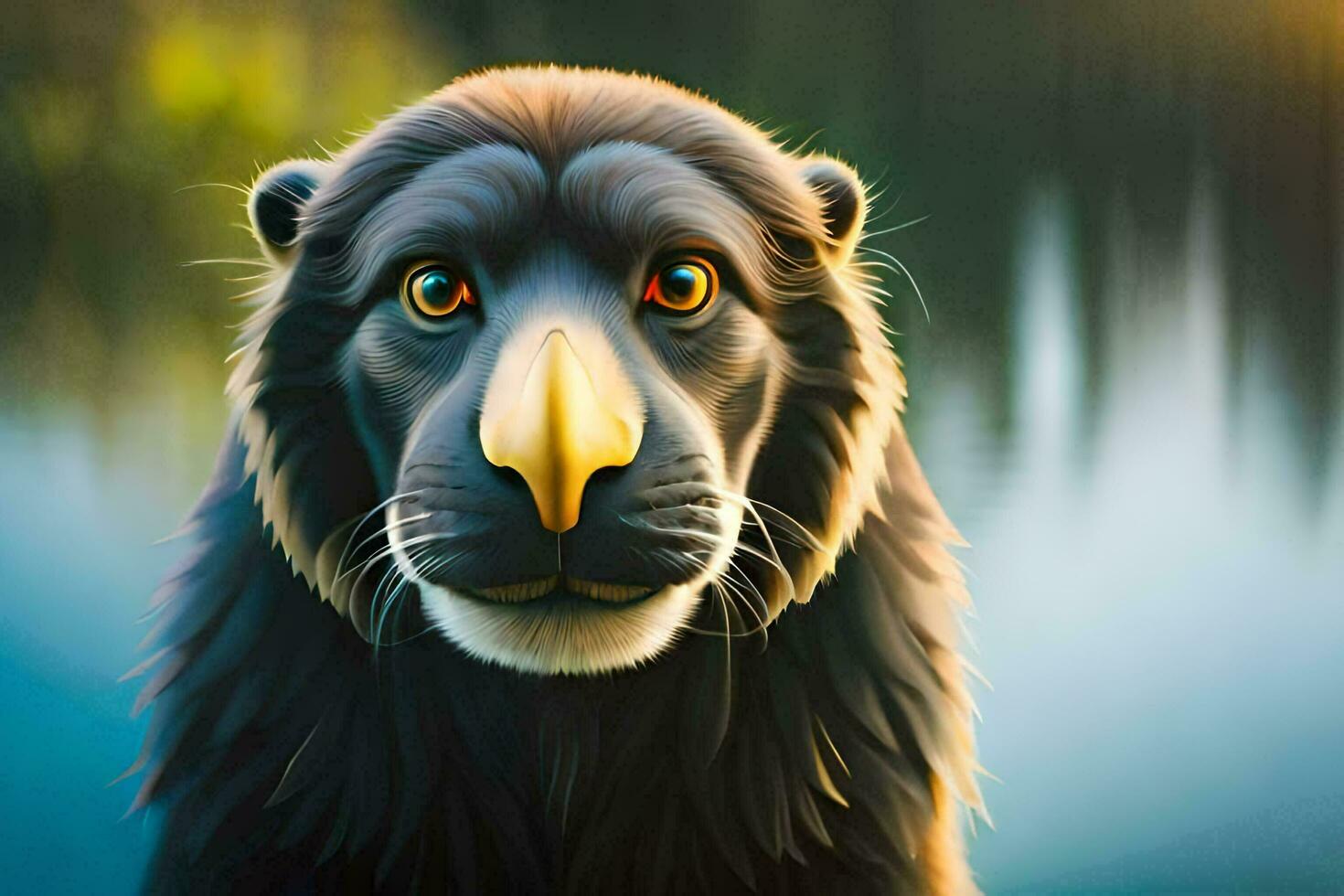 une dessin animé Lion avec une gros nez et gros yeux. généré par ai photo