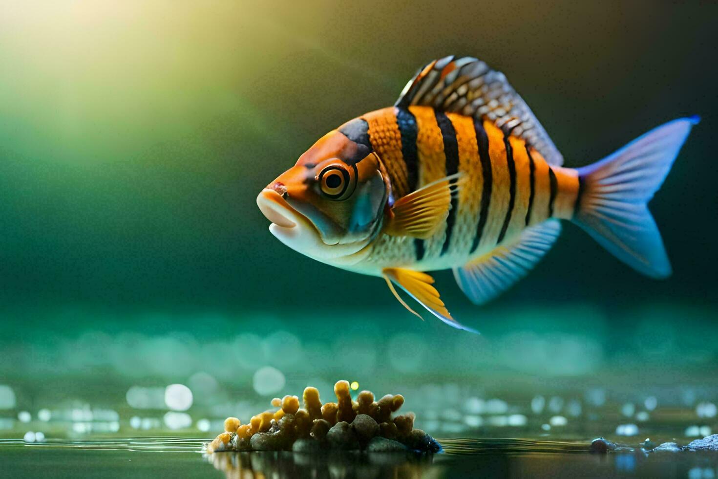 une poisson avec une noir et blanc rayé corps est nager dans le l'eau. généré par ai photo