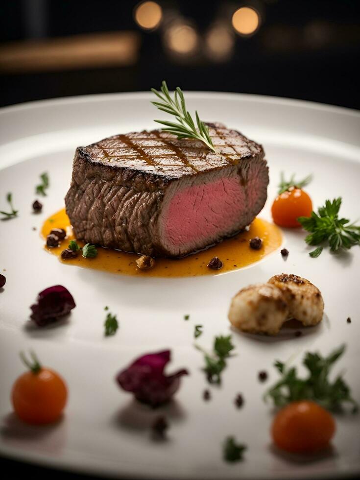 à la perfection marbré Kobe nervure œil steak, brûlé à la perfection. ai généré photo