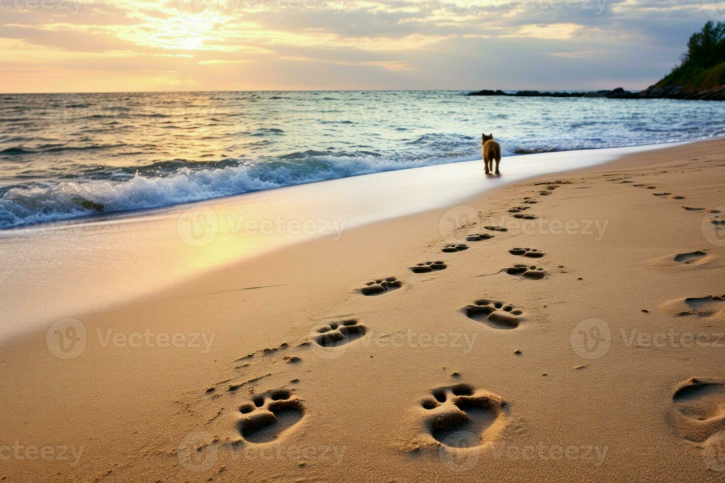 charmant chien plage empreintes de pas. produire ai photo