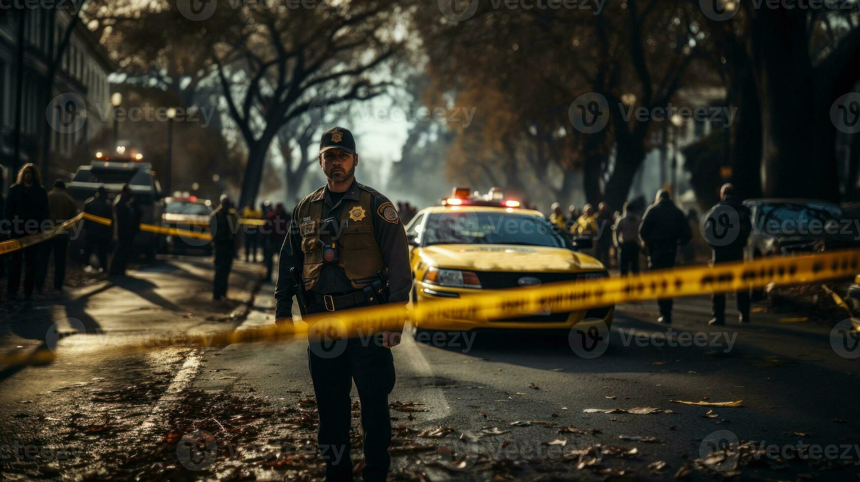 la criminalité scène enquête, équipe travail sur une meurtre. police officier sur le rue avec police voiture et Jaune enregistrer. photo