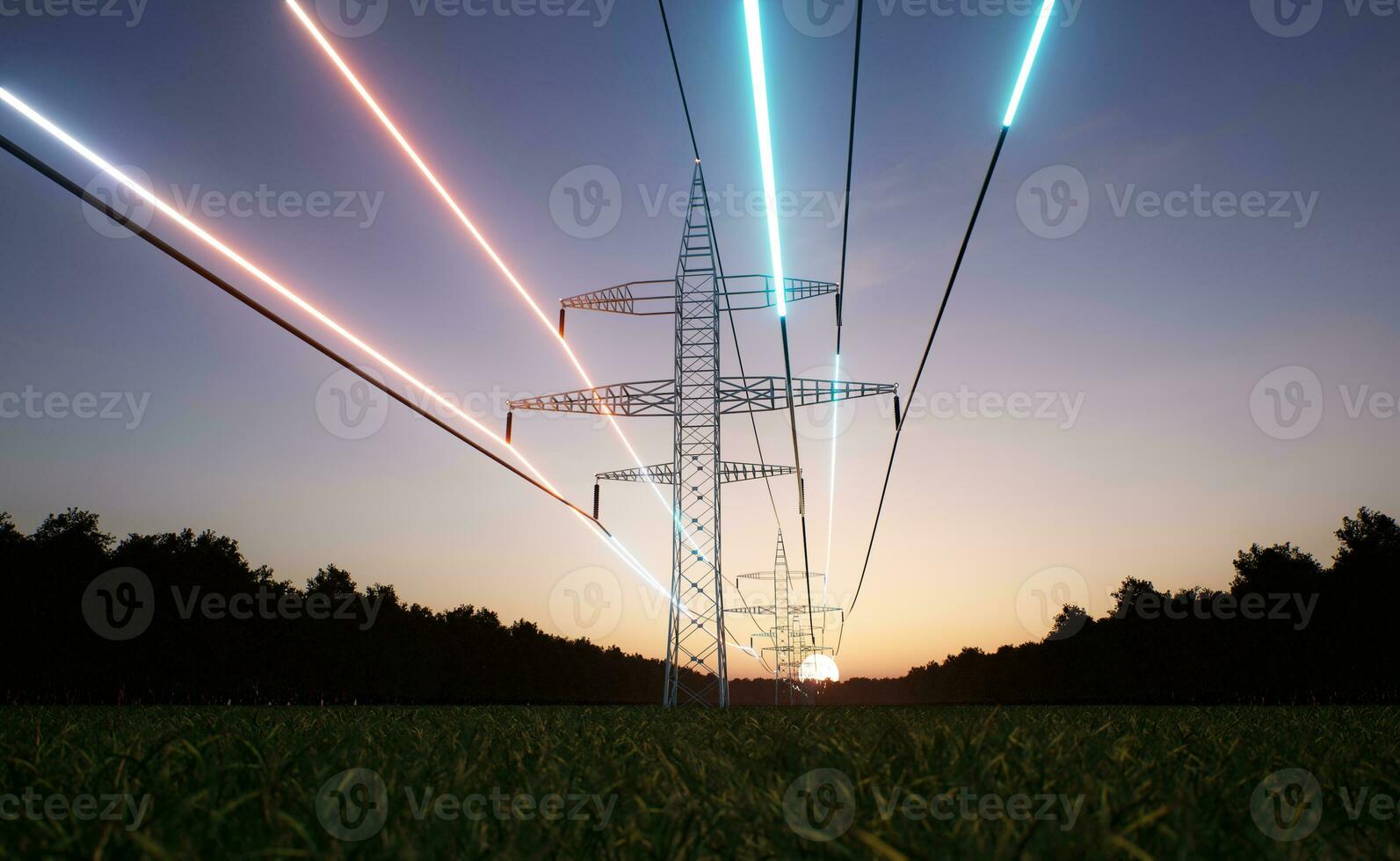 énergie courant écoulement par acier la tour haute Tension Puissance lignes plus de lever du soleil horizon ciel. électrique câbles transmettre électricité obtenu de durable sources, 3d rendre animation photo