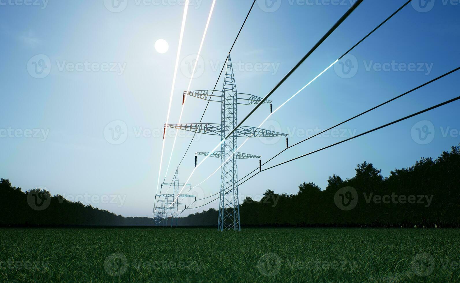 visualisation de énergie en voyageant par industriel Puissance la tour haute Tension fils plus de bleu ciel. transmission la tour électricité obtenu de durable sources, 3d rendre animation photo