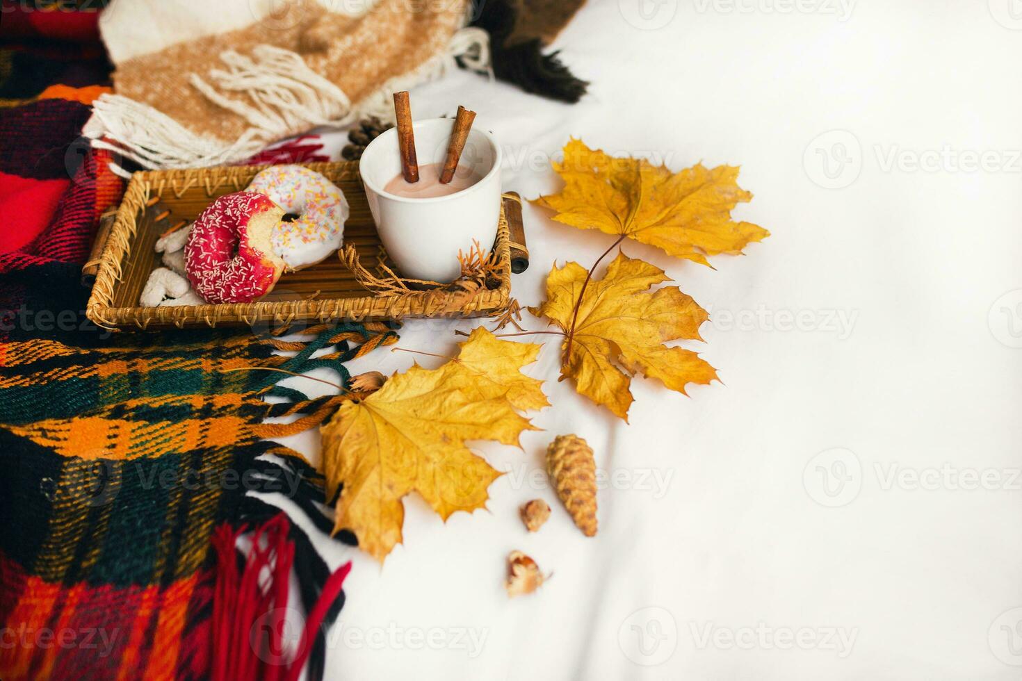 confortable l'automne image de savoureux petit déjeuner dans lit sur en bois plateau avec tasse de cacao, cannelle, biscuits et vitré beignets.chauds tonique couleurs, Haut voir, Jaune feuilles et cônes. photo