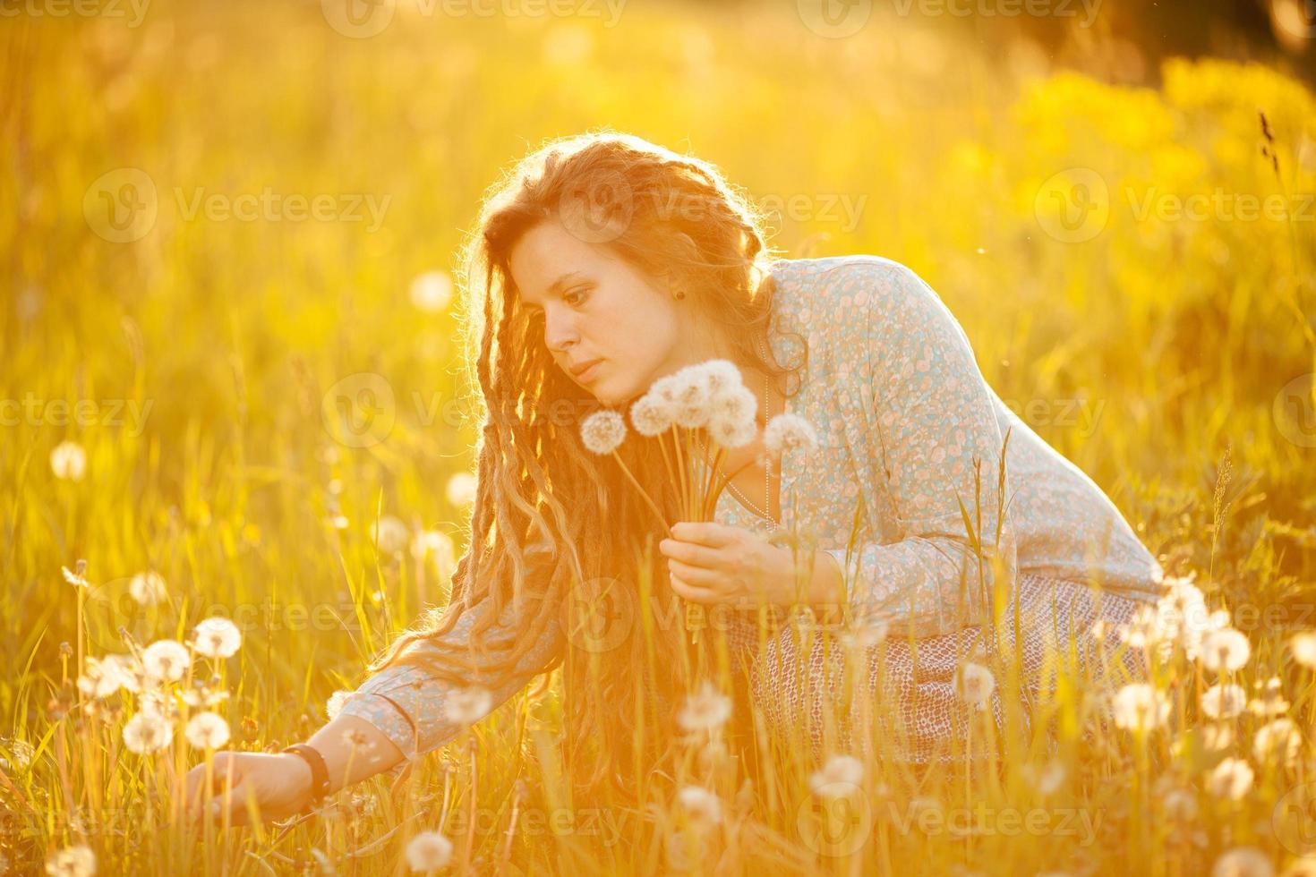 fille avec des pissenlits dans le domaine photo