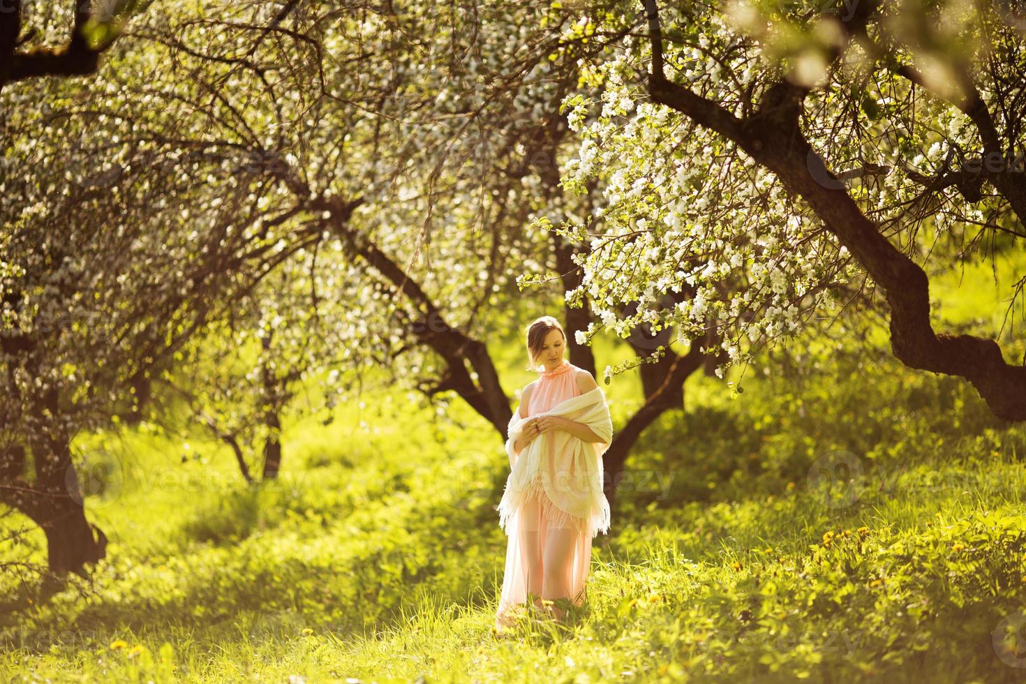 femme sont debout parmi la fleur de pommier photo