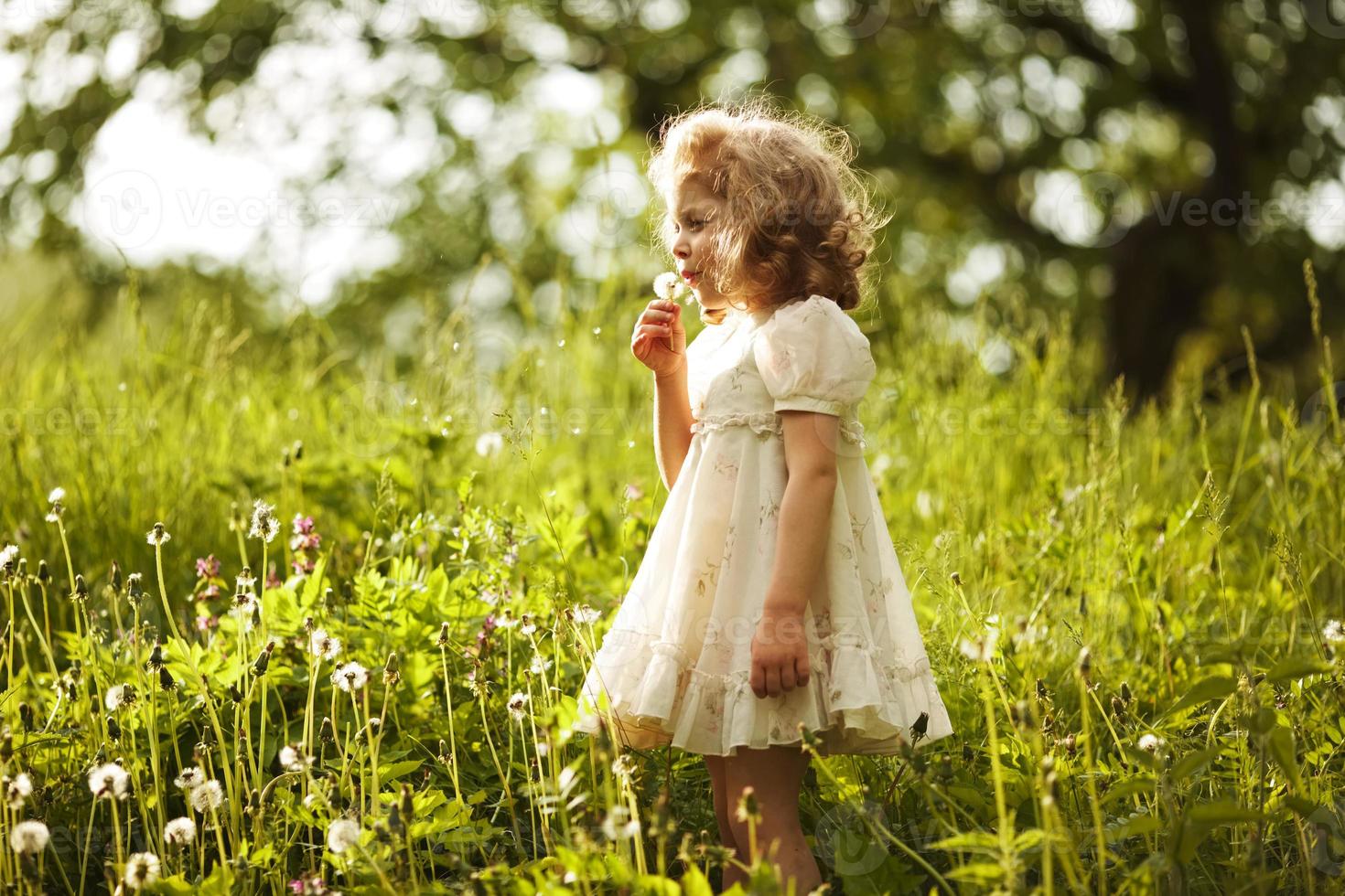 petite belle fille soufflant un pissenlit photo