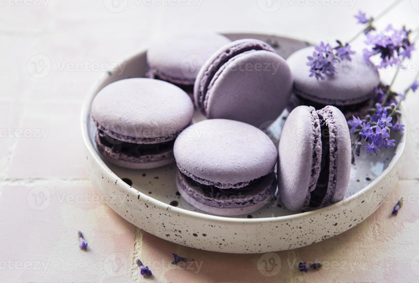 macarons français au goût de lavande et fleurs de lavande fraîche photo