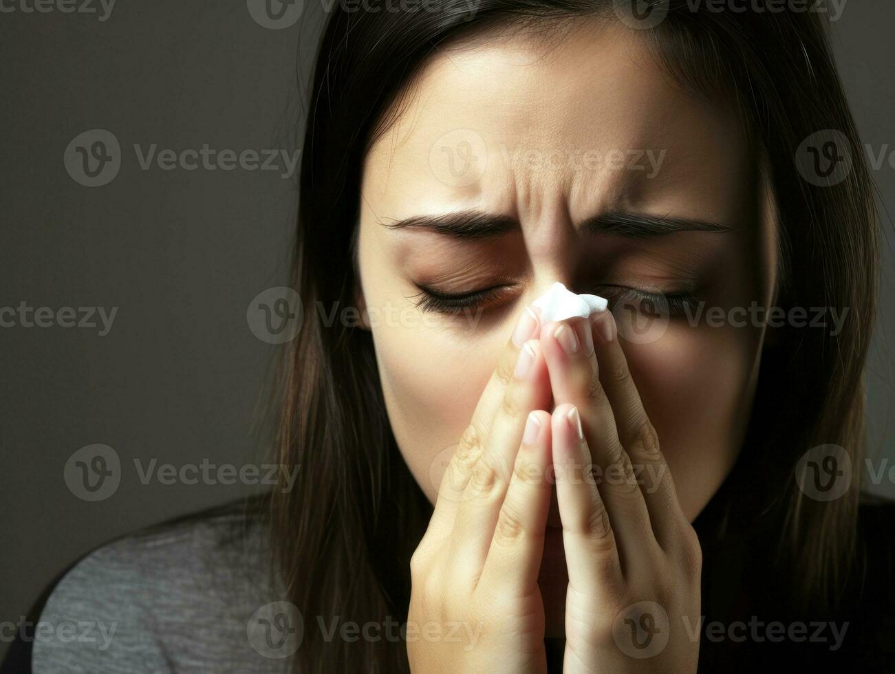 femme est montré Souffrance de du froid avec qui coule nez sur gris Contexte ai génératif photo