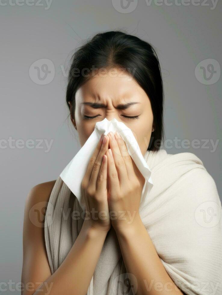 femme est montré Souffrance de du froid avec qui coule nez sur gris Contexte ai génératif photo