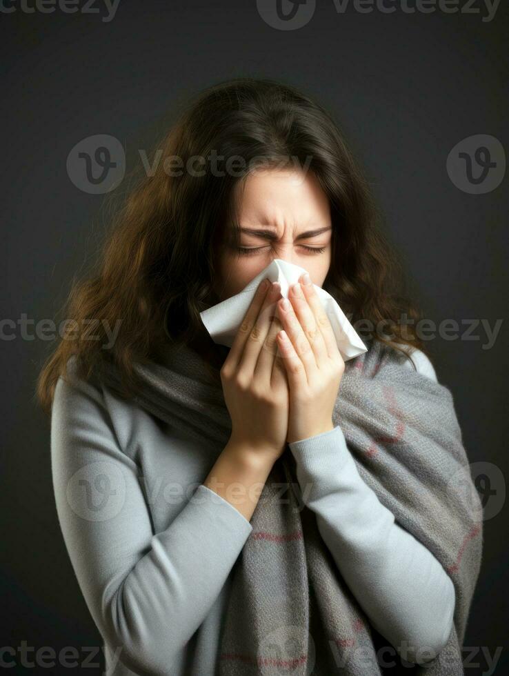 femme est montré Souffrance de du froid avec qui coule nez sur gris Contexte ai génératif photo