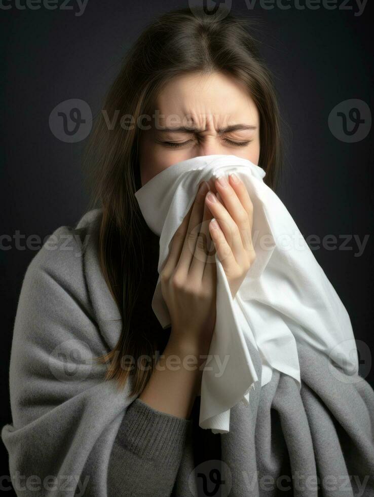 femme est montré Souffrance de du froid avec qui coule nez sur gris Contexte ai génératif photo
