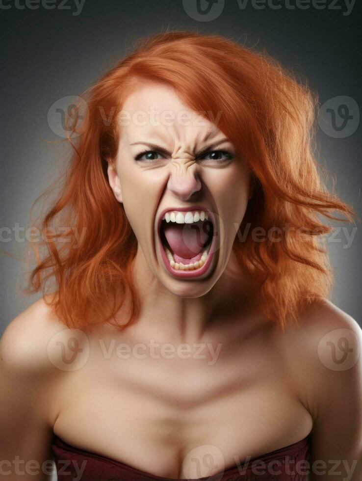 femme de européen apparence qui apparaît à être furieux ai génératif photo