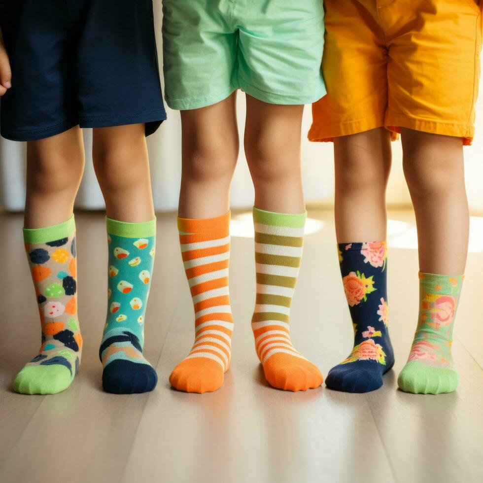 Trois les enfants supporter dans différent chaussettes, nous ne peut pas voir leur visages. nous seulement voir coloré chaussettes, chaque portant différent ceux. c'est une journée à parler à propos vers le bas syndrome. - ai généré photo