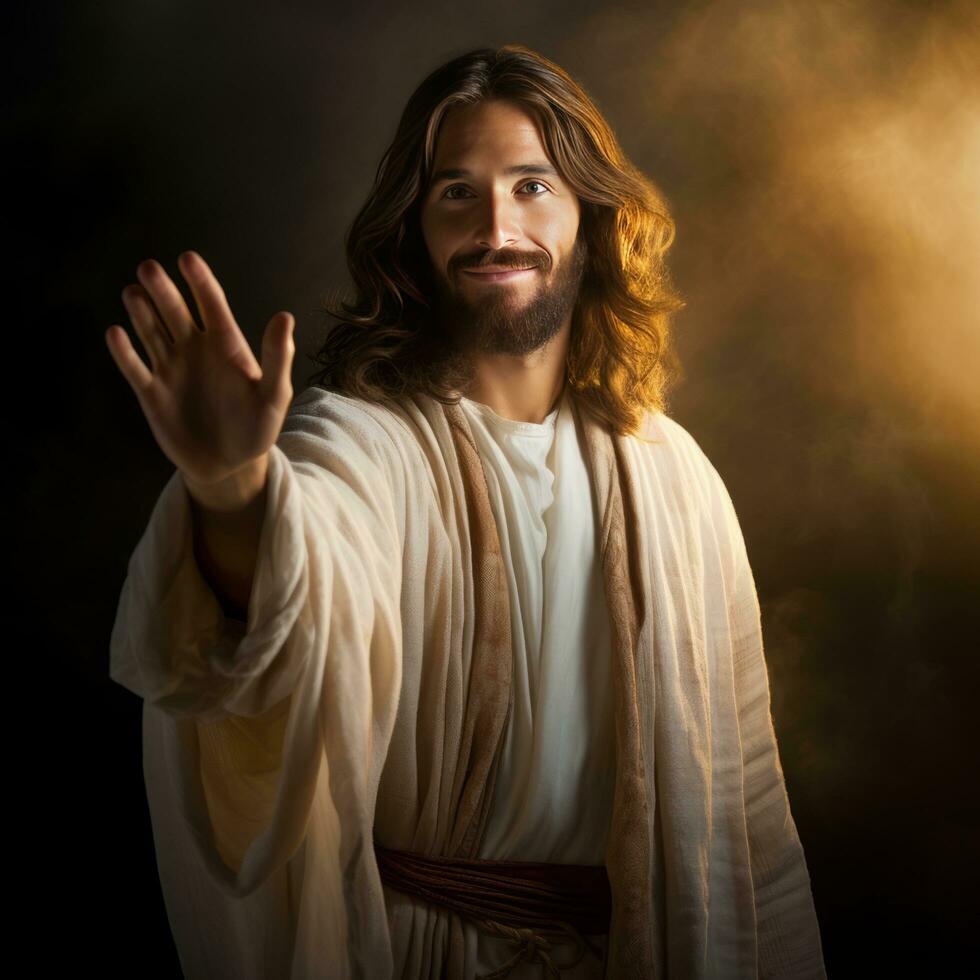 Jésus extension main dans obscurité - ai généré photo