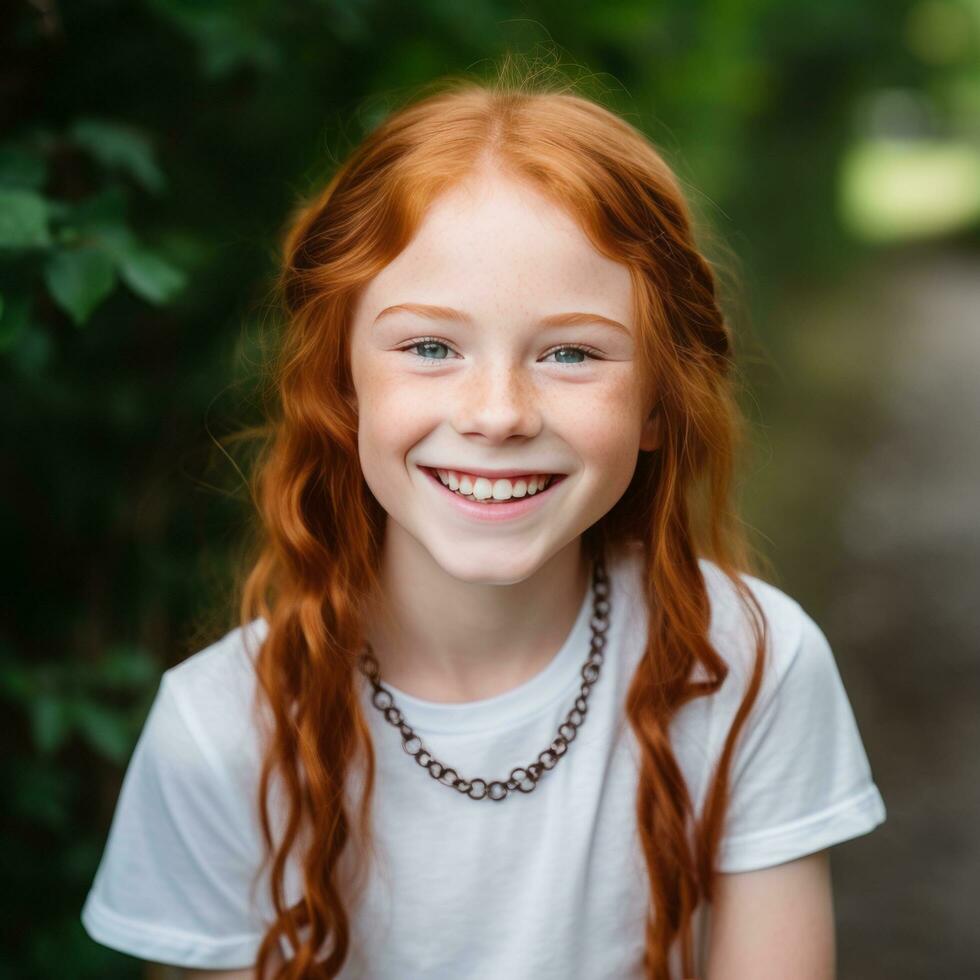 souriant roux fille avec un appareil dentaire - ai généré photo