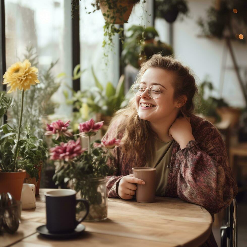 joyeux fille avec vers le bas syndrome - ai généré photo