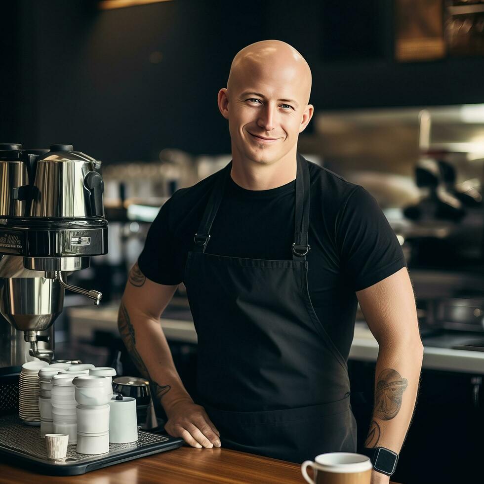 chauve finlandais barista dans 30s - ai généré photo