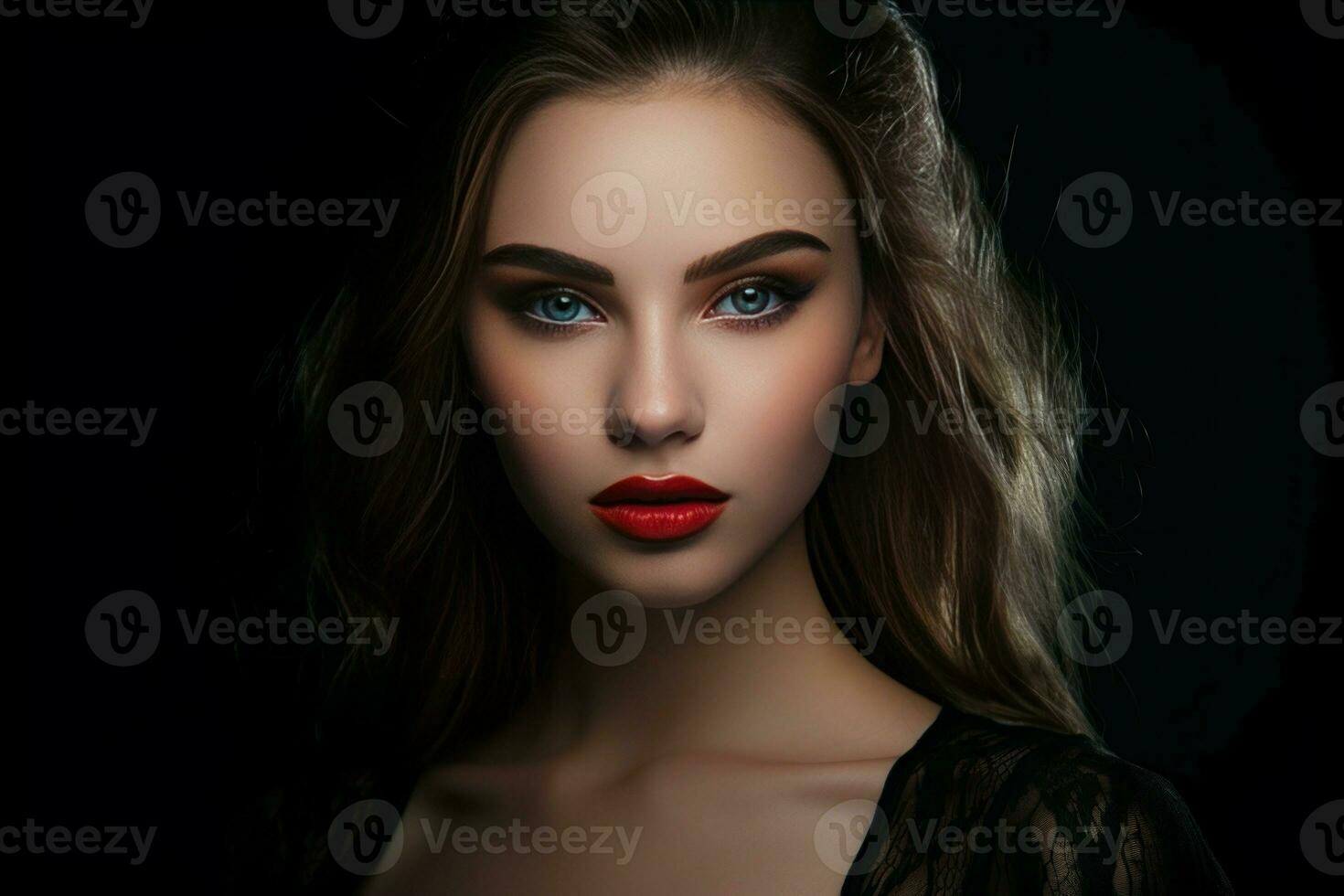 portrait de Jeune femme avec magnifique maquillage sur noir Contexte. produire ai photo
