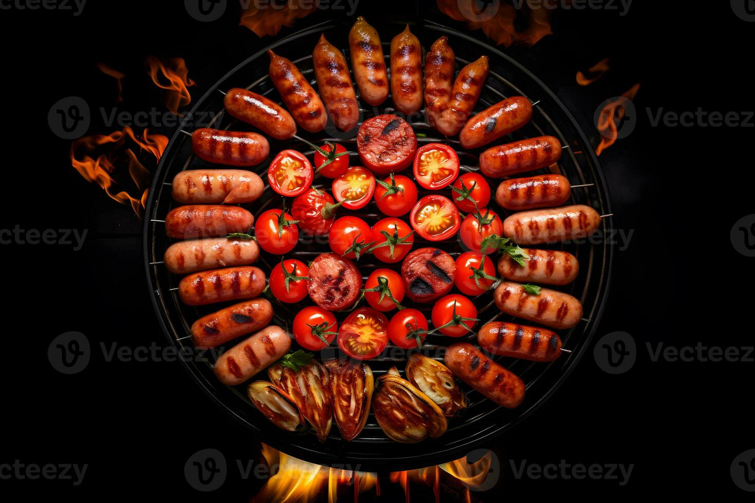 grillé saucisses avec tomates et épices sur une barbecue gril ai généré photo