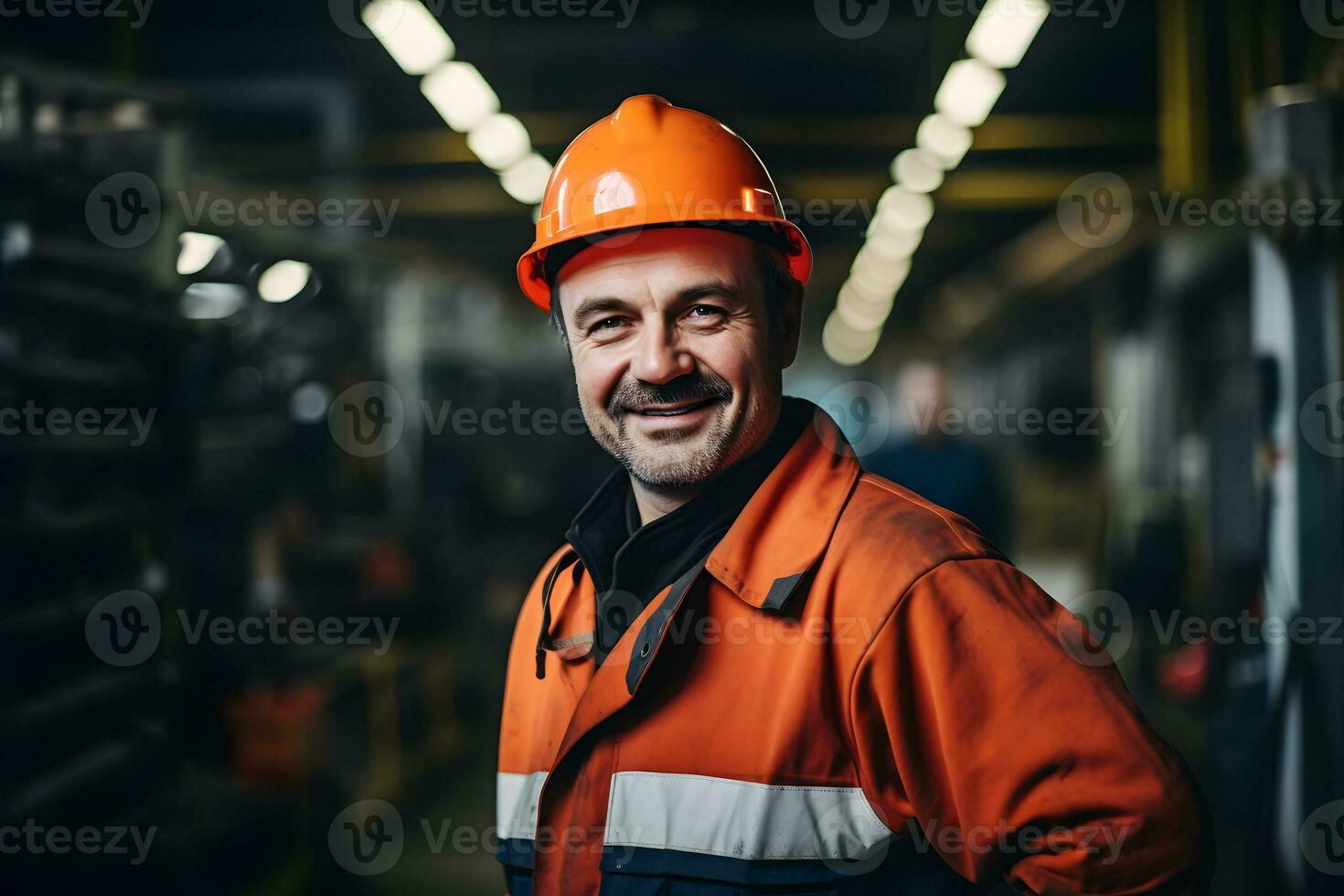 une homme portant un Orange sécurité veste et une difficile chapeau. ai généré photo