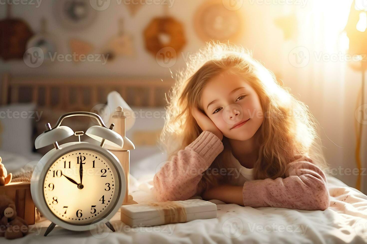 veille en haut sur une ensoleillé matin, une enfant fille dans pyjamas mensonges sur le lit, regards dans le caméra. là sont horloges proche. ai génératif photo