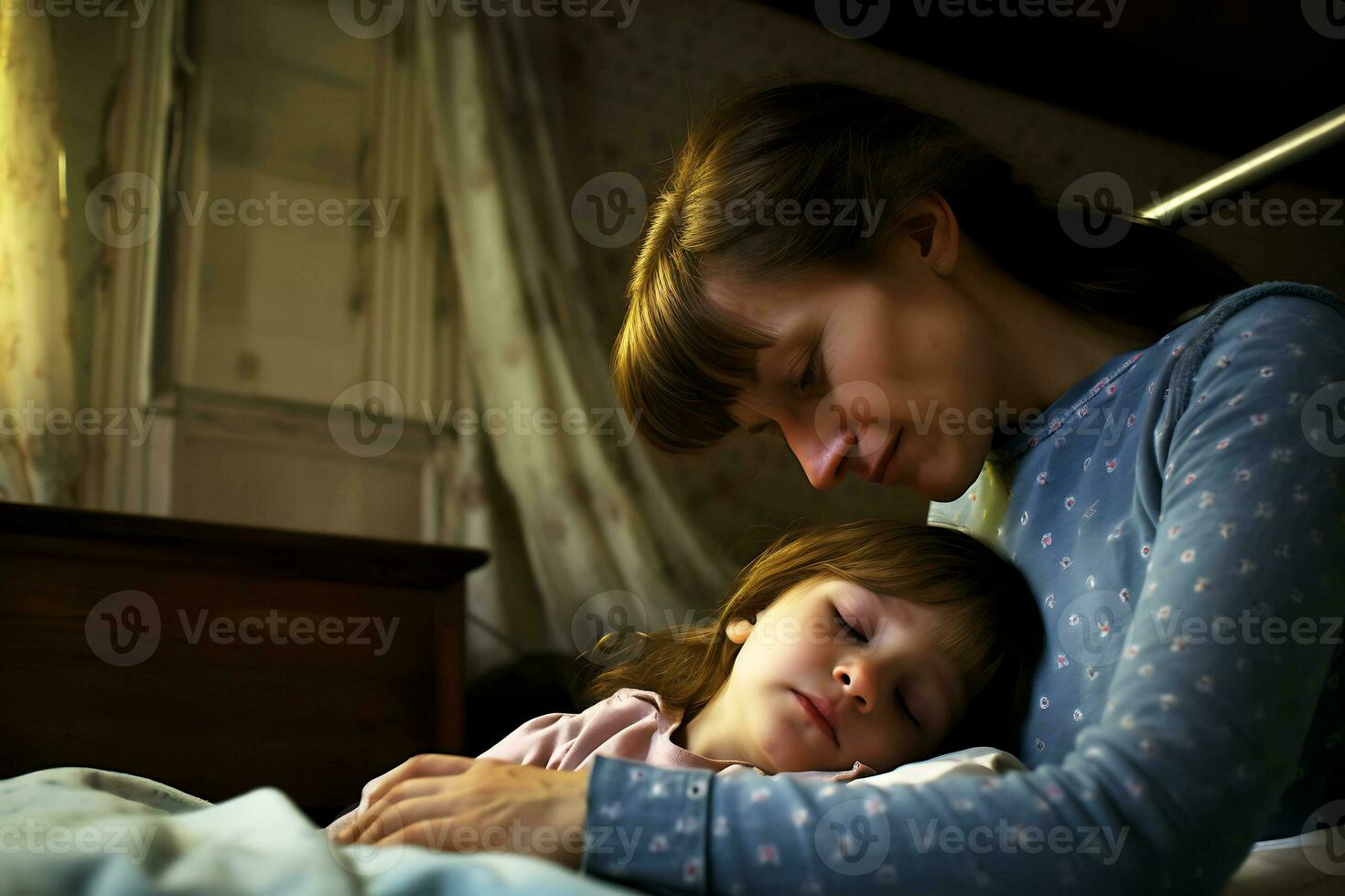 une mince mère câlins sa malade en train de dormir fille. famille avec faible revenu. ai génératif photo