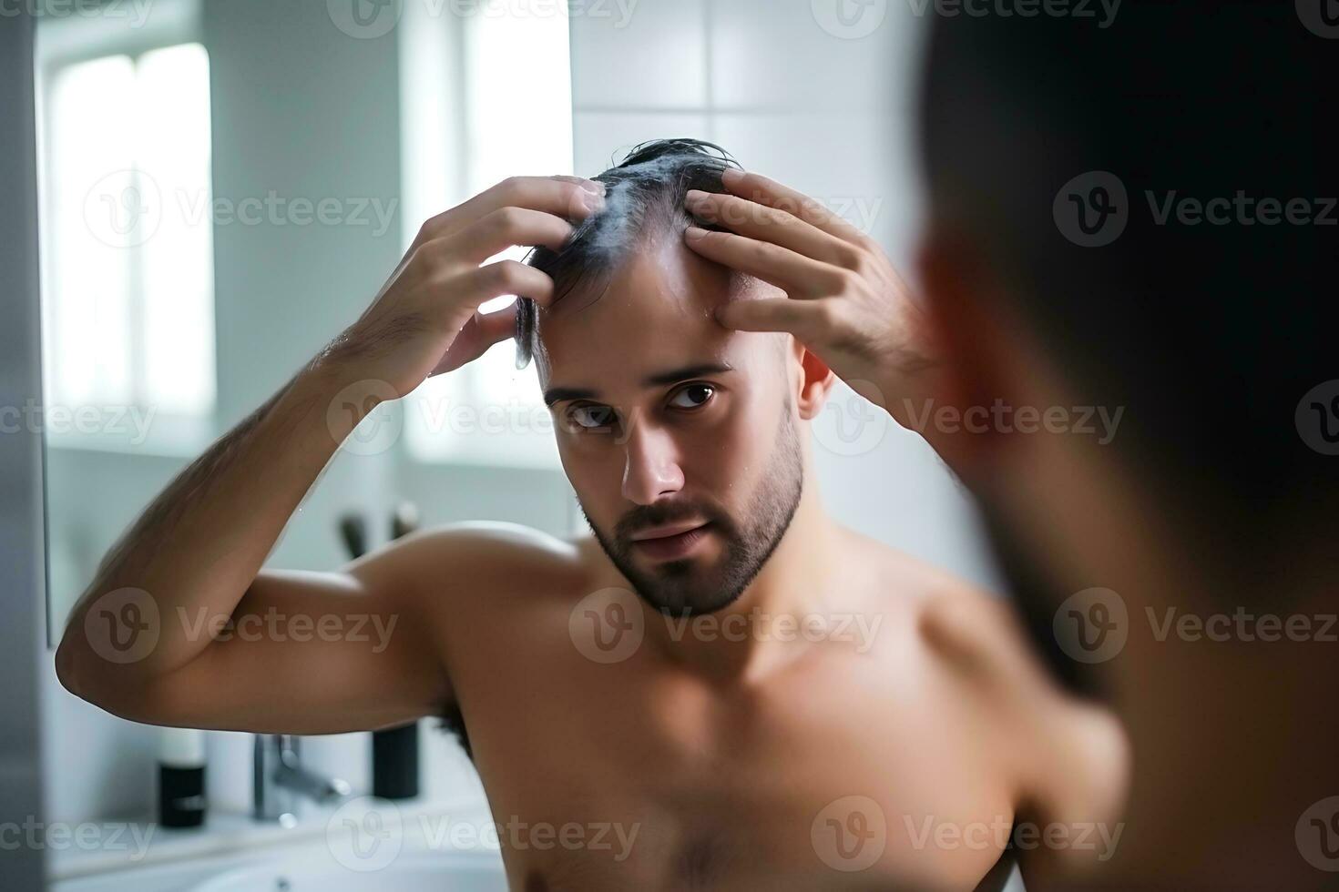 ai génératif. Jeune homme en utilisant déodorant shampooing ou anti-cheveux perte shampooing photo