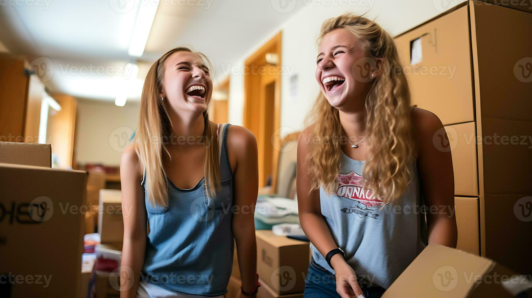 deux étudiant les filles déballer des choses dans une dortoir chambre. les filles bavardage et en riant. ai génératif photo