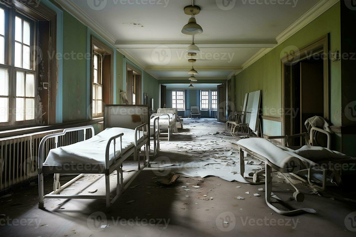 abandonné hôpital pièce avec cassé des lits et déchets, abandonné par tremblement de terre ou guerre. ai génératif photo