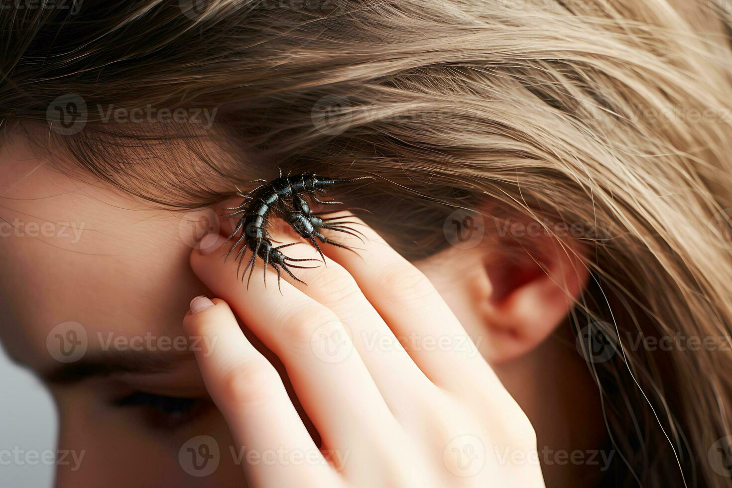 ai génératif. une grand insecte rampe le long de une les filles main. concept de tactile hallucinations photo