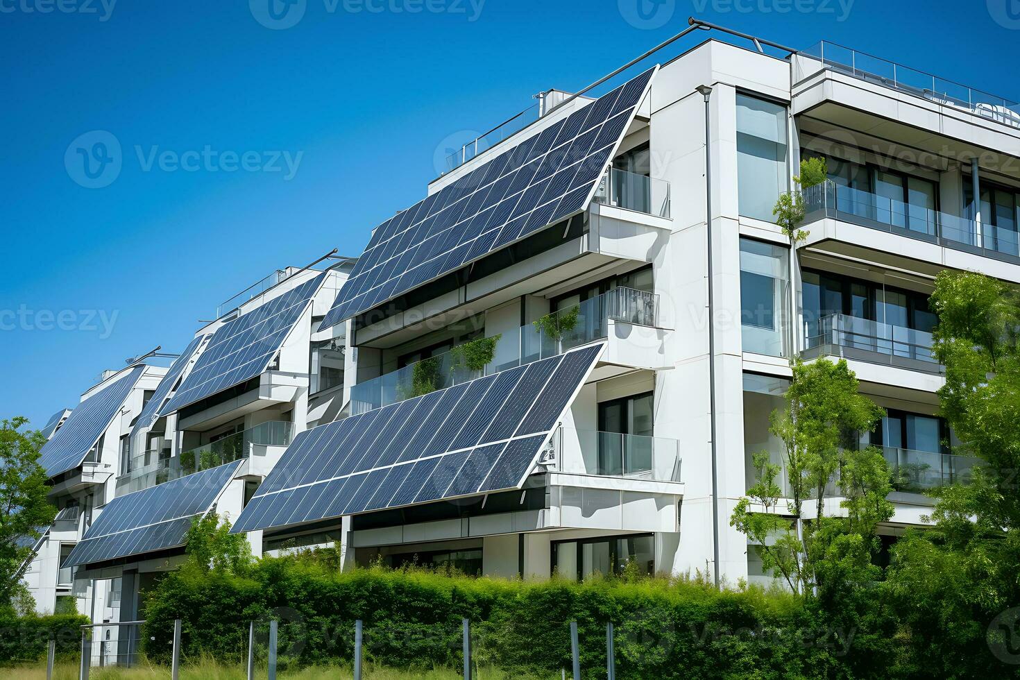 solaire panneaux sur le toits de le balcons de une Résidentiel bâtiment. ai génératif photo