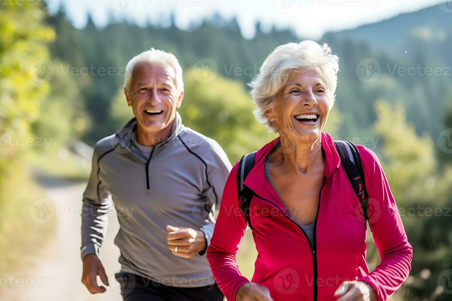 ai génératif. un personnes âgées couple le jogging le long de une scénique chemin avec une sourire sur leur affronter. horizontal photo