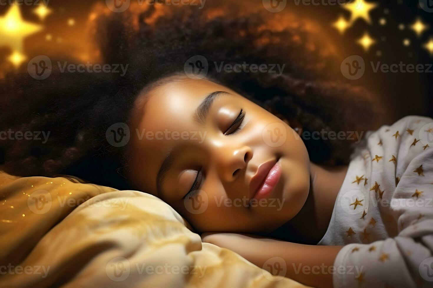 africain américain fille en train de dormir dans sa lit dans une foncé enfants pièce avec le nuit lumière tourné sur. ai génératif photo