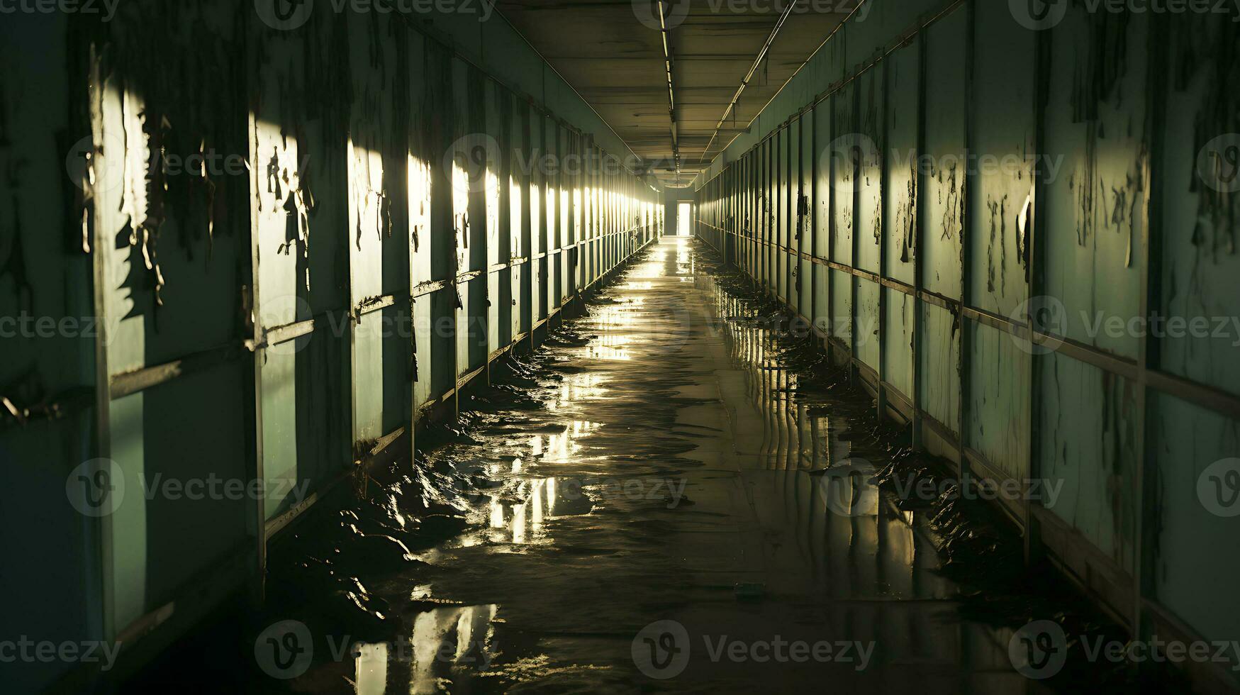 sale abandonné couloir avec minable des murs et flaques d'eau illuminé par lumière du soleil. ai génératif photo