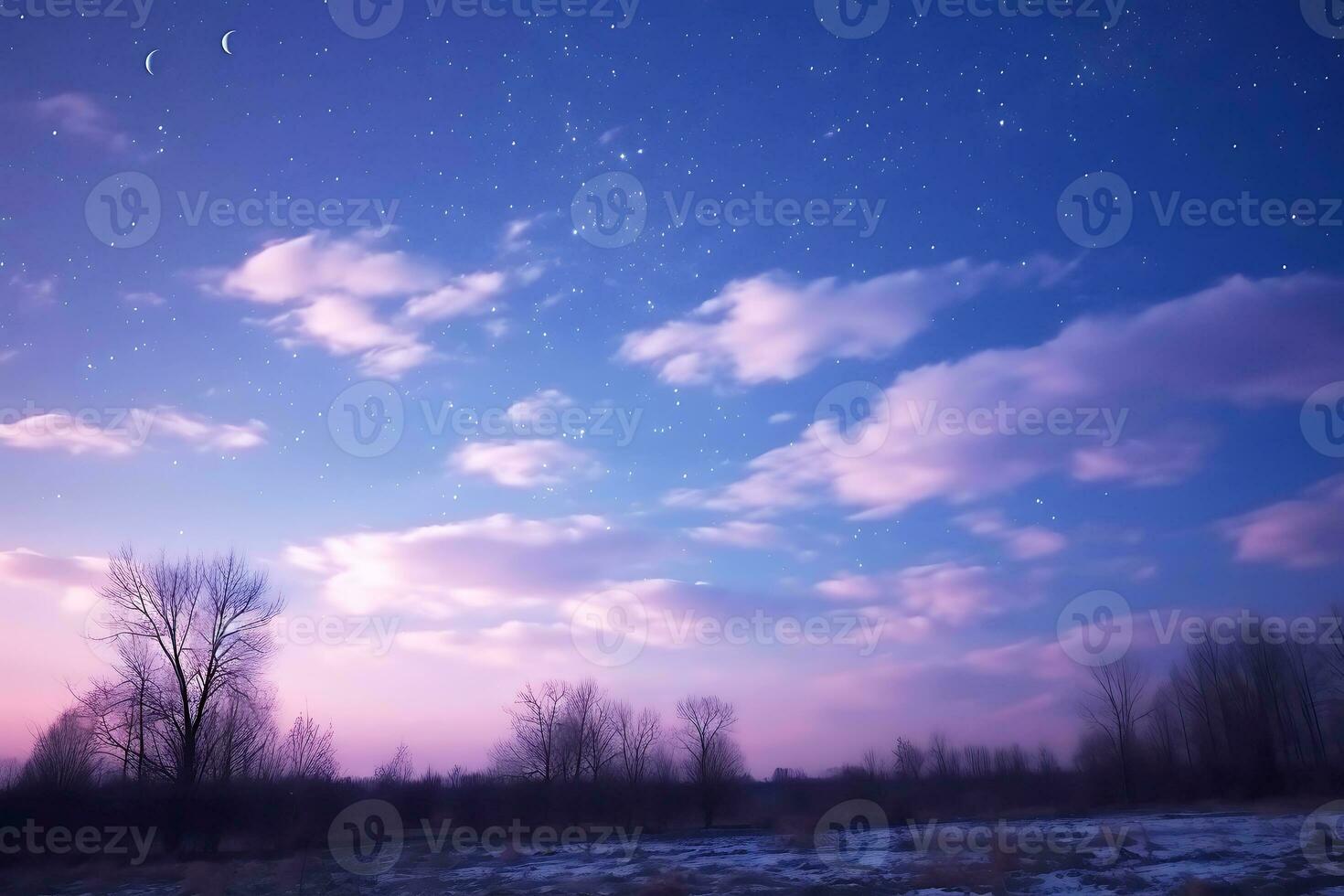 une déclin croissant dans le violet ciel au dessus le collines. magnifique nuit étoilé ciel avec violet rose des nuages. ai génératif photo