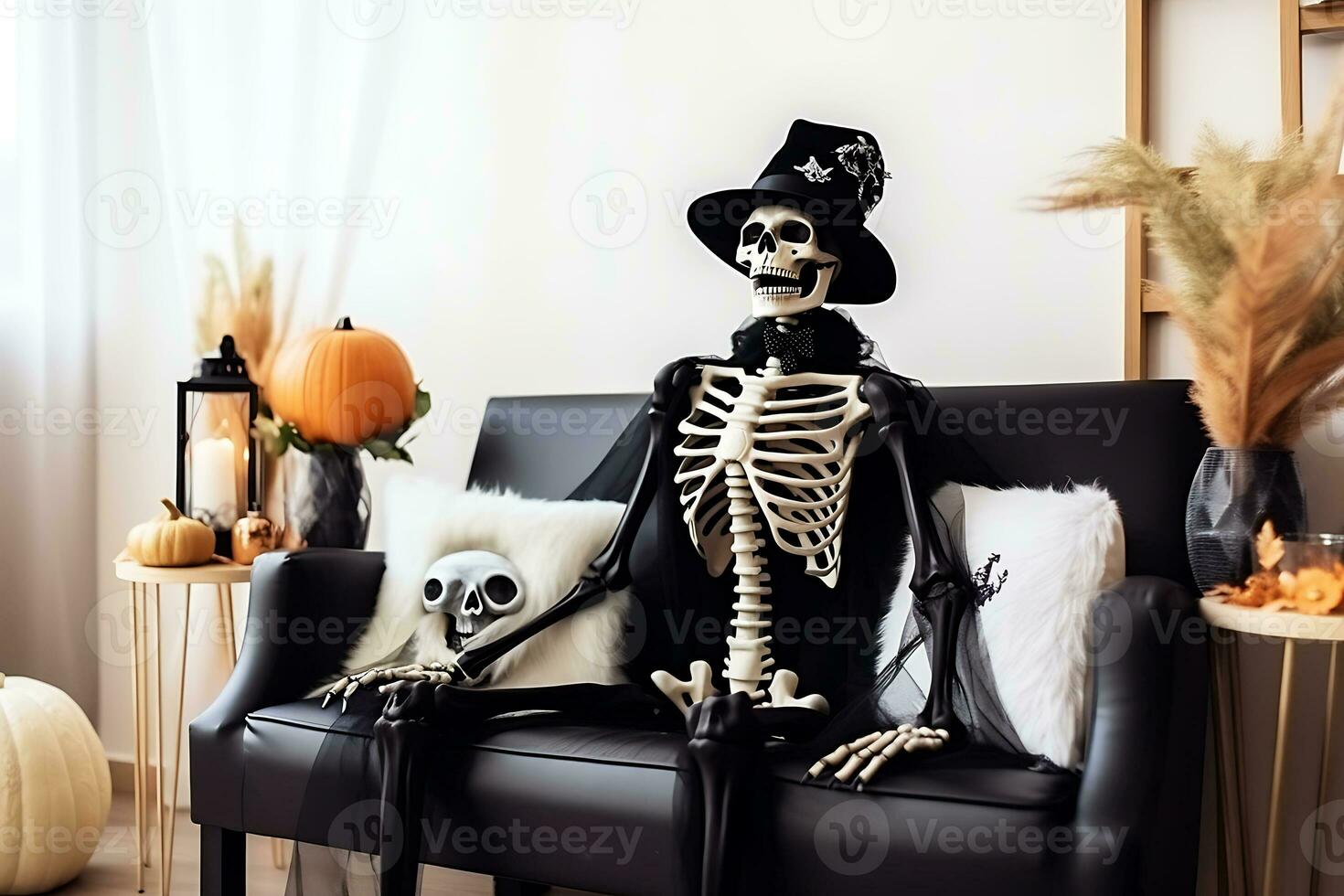 Halloween décoration pièce intérieur. une à taille humaine squelette est assis sur une canapé portant une cap et une Haut chapeau. ai génératif photo