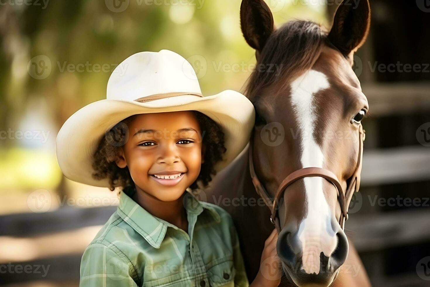 ai génératif. africain américain cow-girl enfant dans cow-boy chapeau à la recherche à caméra et souriant. horizontal photo