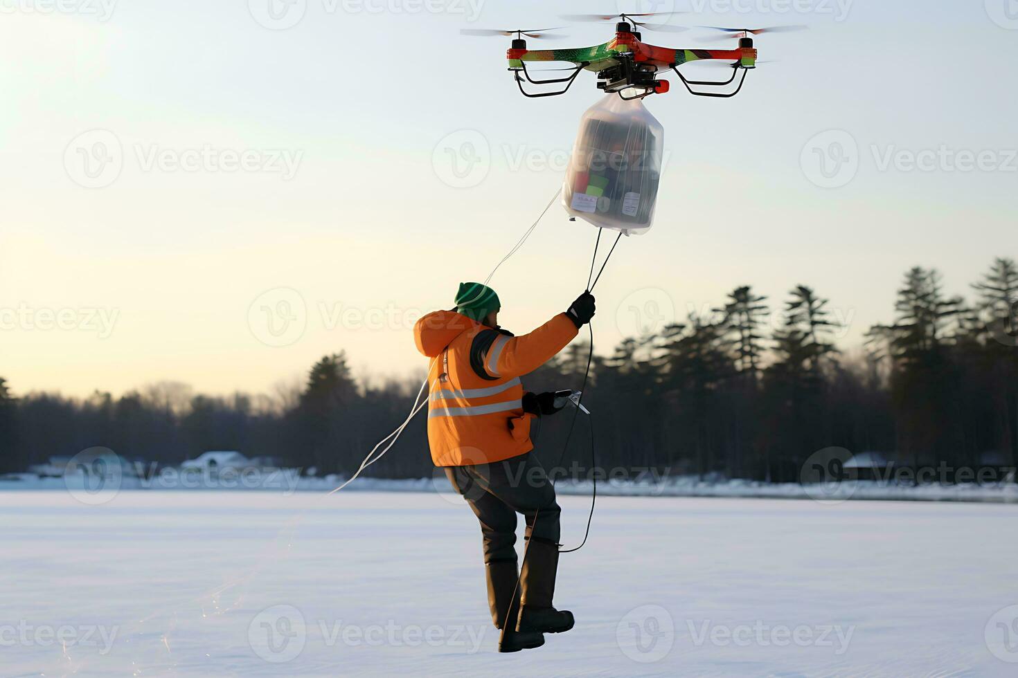 ai génératif. drone livraison de un commande à un la glace patinoire près une forêt photo