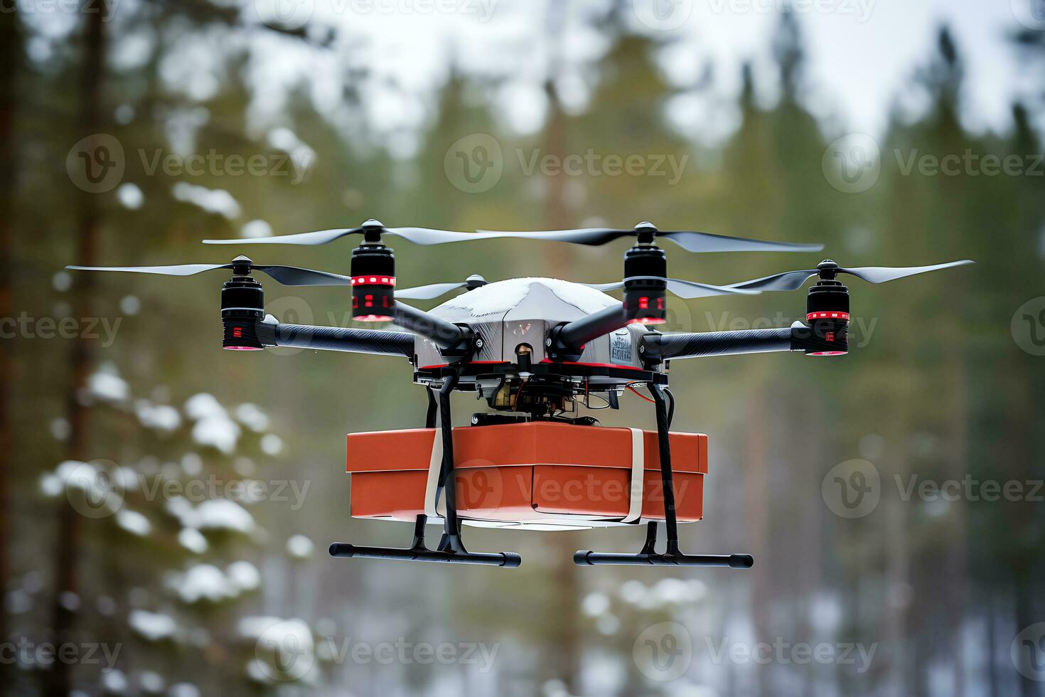 ai génératif. une drone livre un commande ou médicament en volant par une neigeux forêt photo