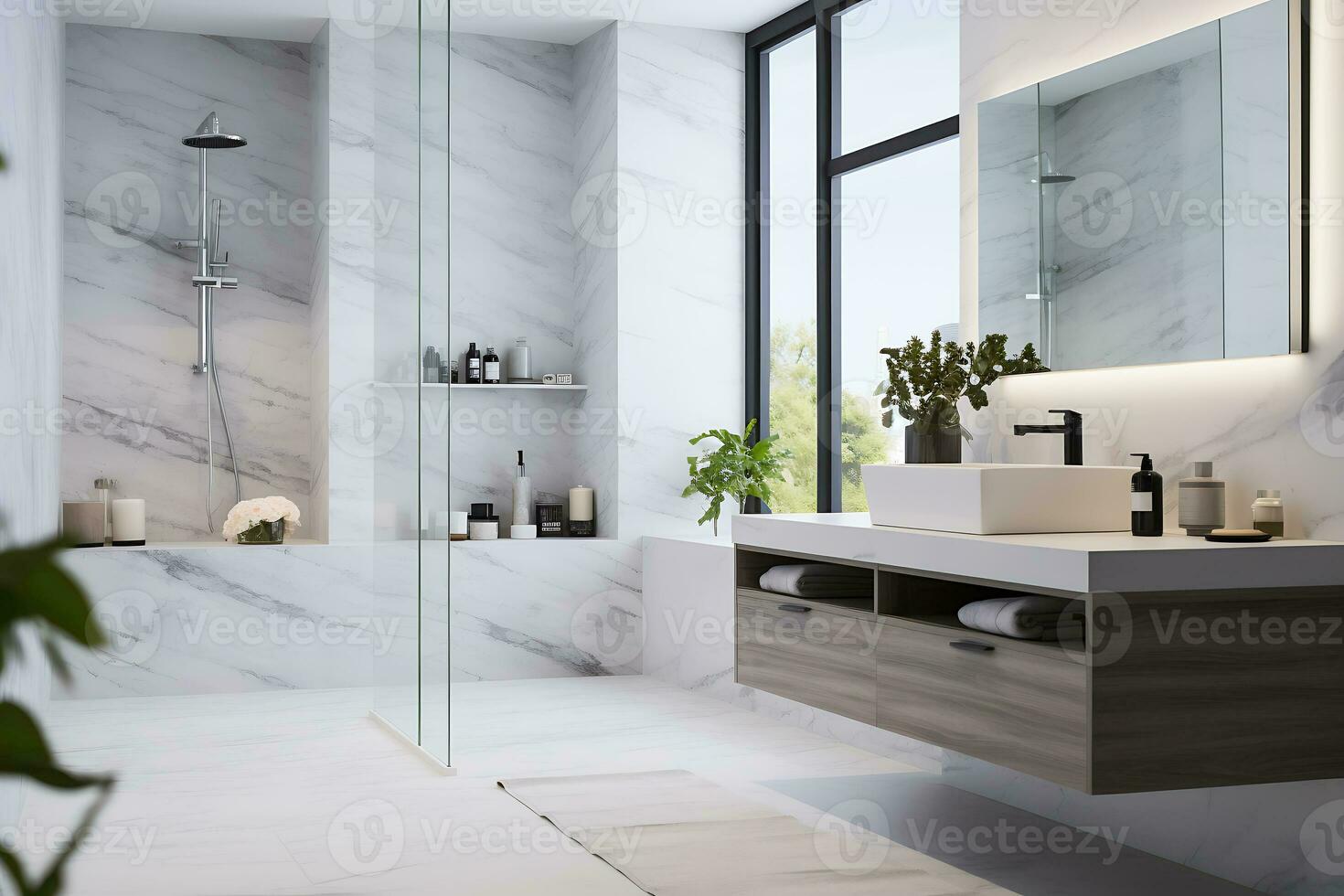 luxueux et élégant intérieur de une blanc salle de bains avec une douche et une énorme fenêtre à le sol. ai génératif photo